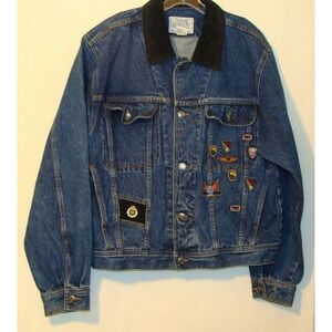 VINTAGE 80's JORDACHE MENS DENIM JEAN JACKET WITH PATCHES SIZE LARGE      D141